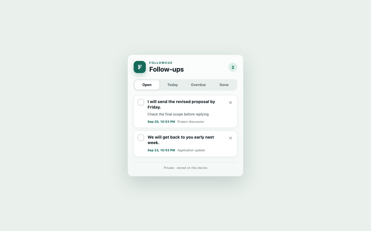 FollowCue reminder list showing saved webpage text, dates, and source links